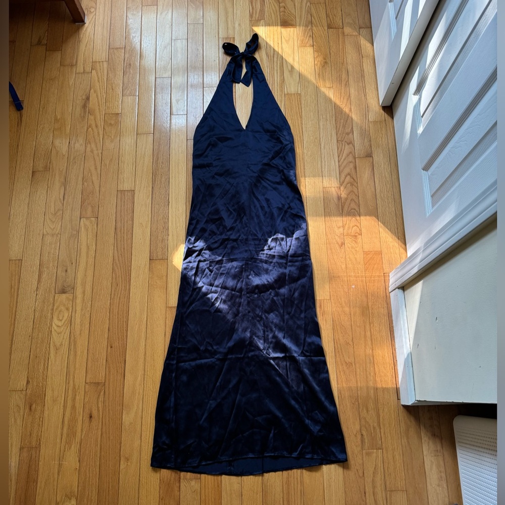 Reformation navy silk halter dress